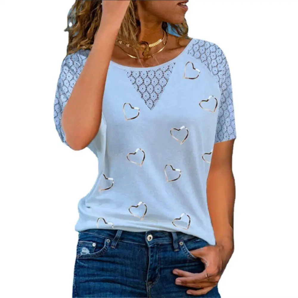 Summer Fashion Plus Size Short Sleeve Print Hollow Ladies Casual T-shirts for Women