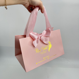 Wholesale Matte Pink Paper <b>Handbags</b> Gold Foil Printed Brand Logo <b>Big</b> Satin Bow Shopping Bags For Hair Business Cosmetic - Product Image 3