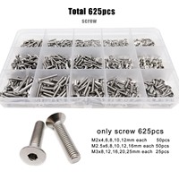 Total 625 pièces/boîte M2 M2.5 M3 304 acier inoxydable Allen hexagone à six pans creux plat tête fraisée boulon Kit de jeu de vis