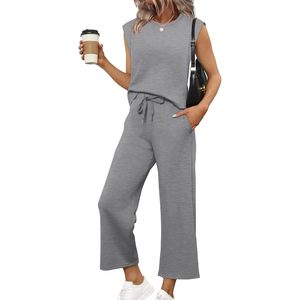 FOXA Ensemble de détente 2 pièces pour femme, haut sans manches et pantalon large, tenue assortie en tricot respirant pour un usage quotidien en été - Product Image 1