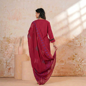 Conjunto de Salwar Kameez de Algodón Color Granate con Dupatta Bordada, Traje Tradicional Holgado con Kurti y Pantalón para Mujer, Ropa Casual de la India - Product Image 1