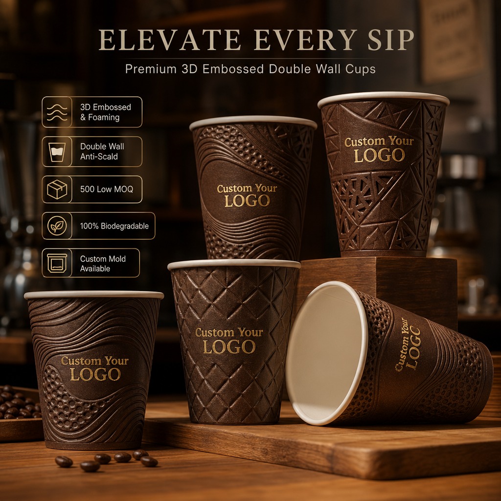 Biodegradable Food Grade 8oz Double Wall Kraft 3D Printed Paper Cup Hot Drinks Takeaway Packaging Thickened