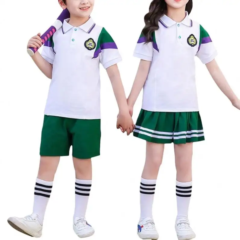 เสื้อยืดโปโลบล็อกสีสำหรับเด็กชายและเด็กหญิง,ชุดเครื่องแบบโรงเรียนประถมชุดกีฬาออกแบบตามสั่งกระโปรงสีเขียวสำหรับฤดูร้อน