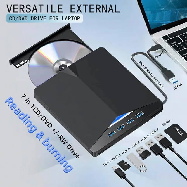 7-in-1 USB 3.0 Type C External DVD CD RW Drive Tray Style DVD Burner Reader Player Suitable for Desktop Computers and Laptops