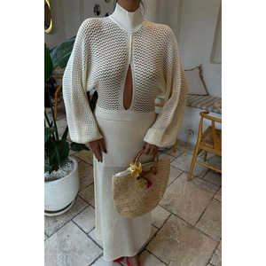 Vestido de punto calado Sobe con cuello alto, ajuste holgado, color crudo, transpirable, para uso diario informal - Product Image 3