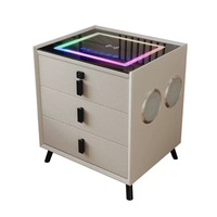 Nakas Kamar Tidur Pintar Modern dengan Bagian Atas Kayu, Pengisi Daya Nirkabel USB, Lampu LED Sensitif Sentuh, Speaker, Kunci Sidik Jari, 3 Laci