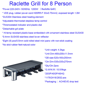 Grill électrique <span class=keywords><strong>Raclette</strong></span> d'intérieur sans fumée certifié CE pour 8 personnes, en acier inoxydable, <span class=keywords><strong>plaque</strong></span> antiadhésive, 1200W, usage domestique - Product Image 3