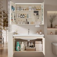 Meuble de salle de bain ARROW haut de gamme au design moderne, durable, robuste, résistant à l'humidité, en acier inoxydable, éclairé, écologique, blanc doux