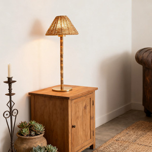 Bamboo Desk Lamp Beige Cane Shade Drum Shape Rustic Style LED <b>Light</b> Source Bedroom Use - Product Image 4