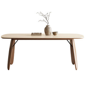 Table à manger ronde en bois massif de style vintage avec plateau en travertin pour salle à manger - Product Image 4