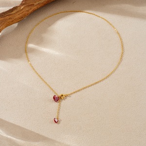 Stainless Steel Heart Pendant Necklace Red Rhinestone Clavicle Chain Gift Jewelry - Product Image 3
