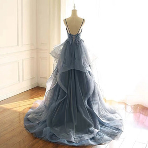 Evening Gown V-Neck Backless Lace Dark Blue Ball Gown Empire Waist Formal Dress Spring Style - Product Image 4