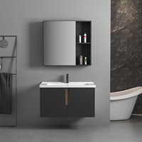 Ensemble de meuble-lavabo mural rectangulaire moderne de luxe européen en contreplaqué, écologique, avec vasque en céramique/émaillée et miroir