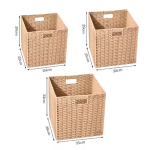 Support naturel Organisateur de placard tissé à la main Bacs à <span class=keywords><strong>cube</strong></span> de <span class=keywords><strong>rangement</strong></span> en <span class=keywords><strong>osier</strong></span> pliable <span class=keywords><strong>Panier</strong></span> en corde de papier avec poignée - Product Image 3