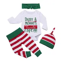 Boutique atacado Recém-nascidos Xmas Romper Calça Listrada Chapéu Cabeça 4pcs Outfits Infantil Conjunto De Roupas de Natal Roupas de Bebê