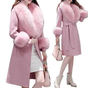 Artı boyutu ceket kadınlar faux Fox kürk yaka uzun yün trençkot