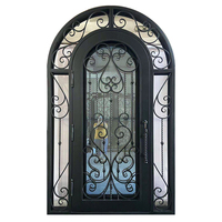 Puerta de Entrada Sencilla Arqueada de Hierro Forjado Moderna y de Lujo con Ventana de Vidrio con Diseño de Espiral y Función Antirrobo para Entrada Exterior de Villa