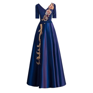 Women's Choral Dress Navy Blue V-Neck A-Line Embroidery Long Performance Attire - Product Image 5