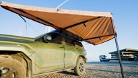 Toldo de 180 Grados con Doble Poste, LED Integrado, Impermeable, Patas Ajustables, para Vehículo, Camping, Coche