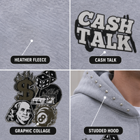 Sudadera con capucha y cremallera para hombre, de algodón gris melange personalizado, 390GSM, con gráfico Cash Talk, con tachuelas, estilo canguro, acanalada, oversize, estilo hip hop