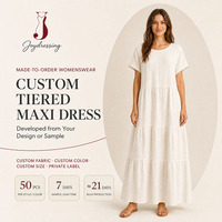 Pabrik Joydressing Gaun Maxi Linen Wanita Custom Polos Lengan Pendek Kerah Bulat Longgar Berlipit Bertingkat Gaun Musim Panas OEM ODM
