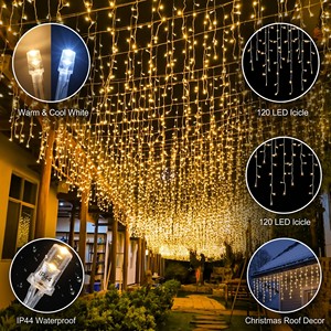 Solar Waterproof Indoor/<strong>Outdoor</strong> 120LEDs Icicle <strong>Lights</strong> Warm <strong>White</strong> Christmas Holiday Roof Decoration IP44 Rated for Parties Events - Product Image 1