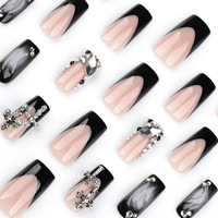 Faux ongles gothiques noirs à presser avec décorations 3D en strass, longs, forme cercueil, pour un style punk audacieux, 24 pièces, vente en gros