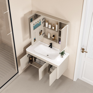 Meuble de salle de bain mural de style moderne blanc laiteux pour hôtel avec miroir éclairé par LED tactile - Product Image 4