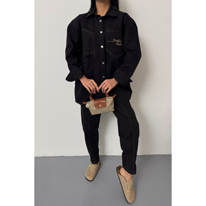 Ensemble chemise et pantalon en denim jaune pour femmes - Product Image 6