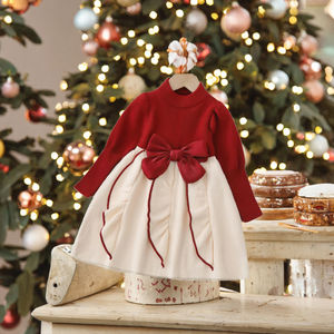 Robe pull tricotée à manches longues et col rond pour filles, style Noël, avec nœud mignon, collection Automne, pour les fêtes de fin d'année - Product Image 1