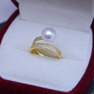 9-10mm Round Strong Light White Freshwater Pearl <b>Ring</b> for Women S925 Gold Double Loop <b>Ring</b> with <b>Opening</b> - Product Image 1