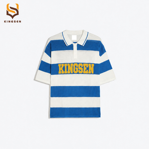 เสื้อโปโลผู้ชายลายทางถักสไตล์ลำลองสำหรับฤดูร้อน แนววินเทจ สตรีทแวร์ ทรงโอเวอร์ไซส์ ไหล่ตก แขนสั้น รับสกรีนโลโก้ - Product Image 2