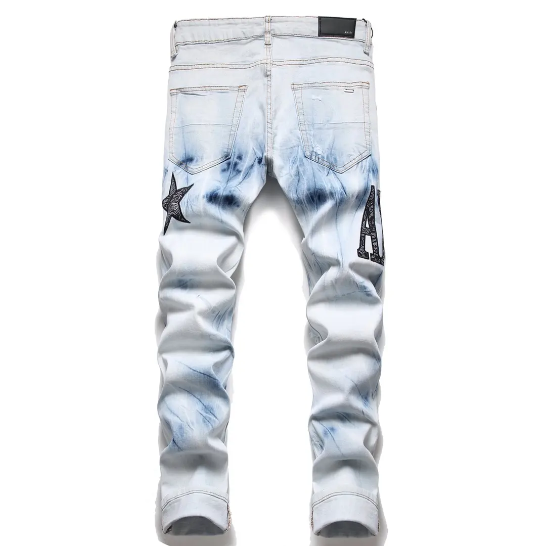 Famous Designed Vintage Stacked Denim Pants Washed Hole Ripped Stacked Jeans Men