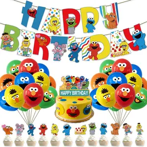 Sesame Street Themed Birthday Party Decorations Happy Birthday Banner Flag Cake Topper Cartoon Latex Balloon Set