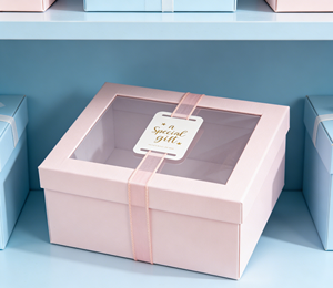 Caja de Papel para Impresión Personalizable, Estampado en Lámina Dorada, Ventana Transparente de PVC, Esponja Ecológica Reciclable, Forma Cuadrada para Regalo - Product Image 1