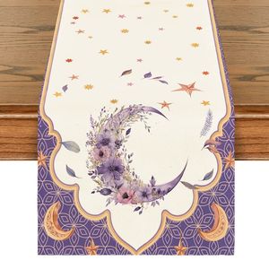Nappe blanche d'été pour le Ramadan avec motif étoile et lune dorés, chemin de table assorti pour <span class=keywords><strong>cuisine</strong></span>, salle à manger, patio, idéal pour l'Aïd - Product Image 4