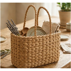 Cesta de Almacenamiento Tejida de Jacinto de Agua Natural con Asas Trenzadas, Organizador Multiusos para Cocina, Mesa de Comedor y Despensa - Product Image 1