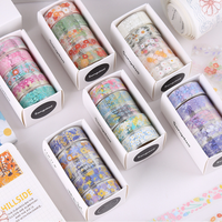 Nouvelle Arrivée Ruban Adhésif Floral en PET, 5 Rouleaux/Boîte pour Emballage Cadeau & Journal Créatif, Ruban Décoratif Floral en PET pour Scrapbooking et Emballage Cadeau