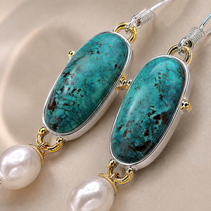 Eleganti Orecchini Pendenti con Pietra Verde Oceano e Perle, Orecchini Creativi a Goccia per Donne - Product Image 4