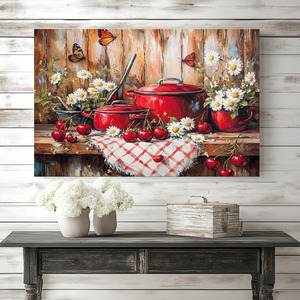 Lienzo de naturaleza muerta de cocina rústica con marco estirado, 1 unidad: Flores, cerezas y utensilios, ilustraciones impresas para decoración del hogar - Product Image 1