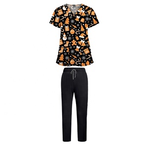 Unisex Adjustable Drawstring Waistband Multi-Pockets Prints Top Straight Solid Pants Women's Nurse Prints Sets Soft <b>Light</b> Fabric - Product Image 6