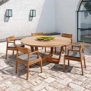 Ensemble de table à manger ronde en teck pour extérieur, résistant aux intempéries, meubles de jardin pour villa et cour. - Product Image 1