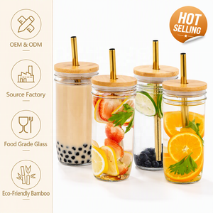 Herbruikbare glazen Mason <span class=keywords><strong>Jar</strong></span> beker met milieuvriendelijk bamboe deksel en gouden metalen rietje voor ijskoffie, bubble tea, smoothie, groothandel - Product Image 1