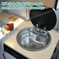 Évier de cuisine pour camping-car, bassin rond en acier inoxydable SS304 avec couvercle en verre trempé pour camping-car, caravane, bateau, évier de lavage pour camping-car JDA