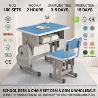 Ensemble chaise et bureau d'école réglables, monoplace, structure métallique, table en MDF, mobilier de classe