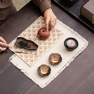 Handmade Embroidered Tea Mat Rectangle Fabric Tassel Edge Heat Insulation For Tea Ceremony Table <b>Runner</b> - Product Image 4
