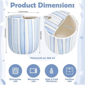 Taza de Café de Cerámica de 10 oz, Azul con Rayas, Pintada a Mano, Resistente al Calor, Antideslizante, con Tapa Integrada y Orificio para Beber, Regalo para Amantes del Café - Product Image 2