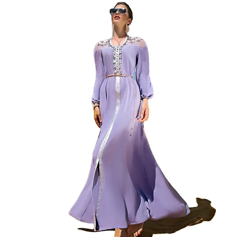 Islamic traditional Muslim clothing factory store light purple silver edge summer abaya robe dress