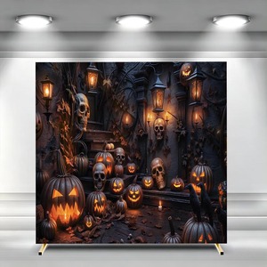 Fondo de arco cuadrado de Halloween con calaveras humanas de terror, calabazas y faroles para escaleras, ideal para ceremonias y fiestas, personalizable. - Product Image 1
