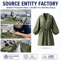 Robe chemise mini élégante personnalisée 100 % polyester sergé uni à manches longues pour femme, boutonnée sur le devant, taille empire, marque privée